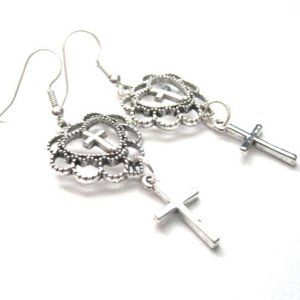 Filigree Heart Cross Dangle Earrings